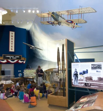Kids learning about Charles Lindbergh in Little Falls museum