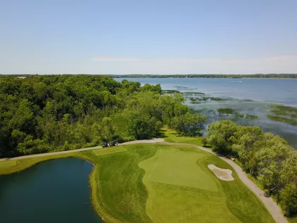 An aerial view of a golfing green shaped like the state of Minnesota at Alexandria Golf Club