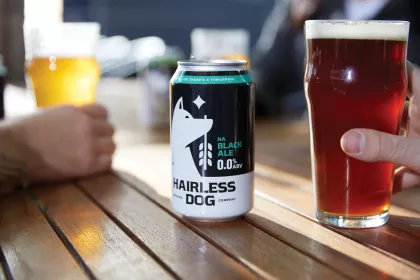 A can of Hairless Dog's Black Ale