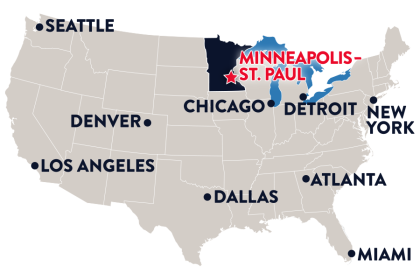 U.S. map with various cities highlighted in proximity to Minneapolis St. Paul Airport in Minnesota