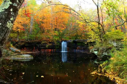 Spotting a waterfall among the autumn colors in Banning State Park 