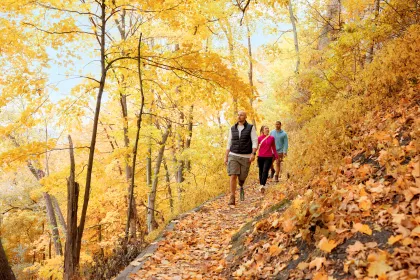 A group of friends hike in the fall at Frontenac State Park