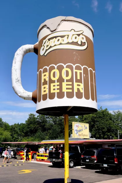 The Drive In's giant Root Beer sign in Taylors Falls