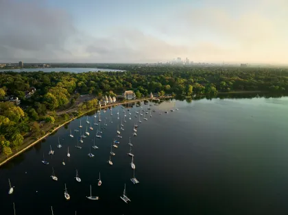 A drone shot of Lake Harriet in Minneapolis