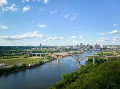 A drone shot of the Mississippi River in St. Paul