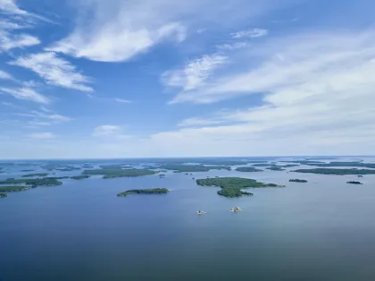 A drone shot of Lake of the Woods