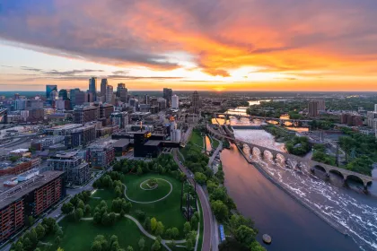 A sunset along the Mississippi River in Minneapolis