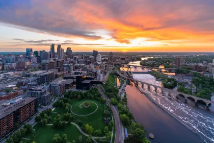 A sunset along the Mississippi River in Minneapolis