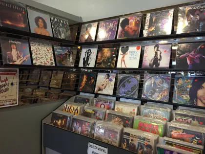 A wall of Prince records at Electric Fetus