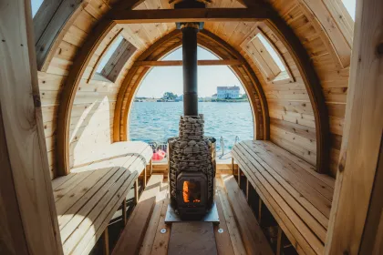 The floating Sisu &amp; Loyly sauna on Lake Superior in Grand Marais