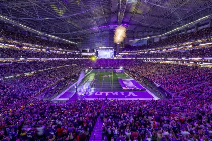 A football game between the Vikings and 49ers at U.S. Bank Stadium
