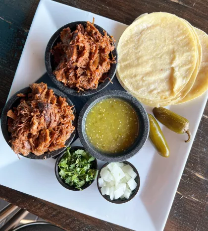 The brisket tacos plate at Tequila Butcher