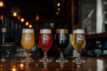 A row of four pints atop Barrel Theory's bar