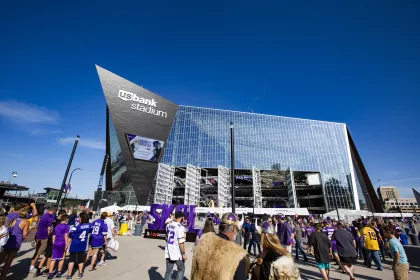 Vikings fans gather outside U.S. Bank Stadium