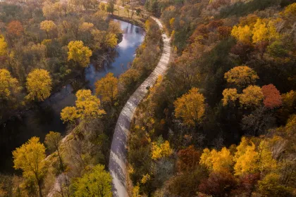 An aerial shot of a fall drive through Frontenac State Park