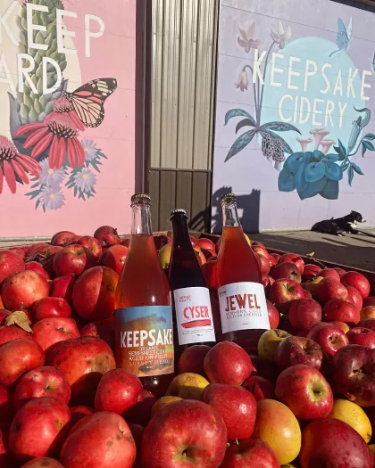 Small-batch apple cider bottles at Keepsake Cidery