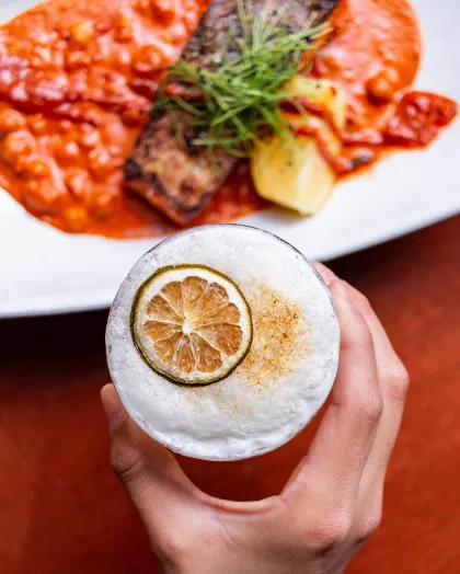 Grandma's Salmon and Chickpeas and a cocktail at Fhima's