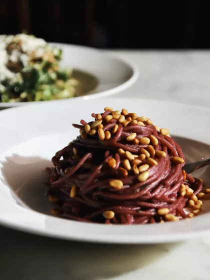 Red wine pasta with pine nuts at Bar La Grassa
