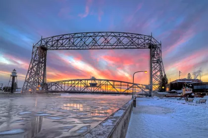 Canal Park's Aerial Lift Bridge area during winter