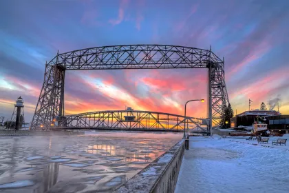 Canal Park's Aerial Lift Bridge area during winter