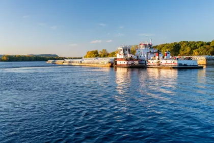 A large shipping container on the Mississippi River