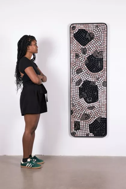 Artist Ilana Harris-Babou with her piece "Wayfinding Device 1"