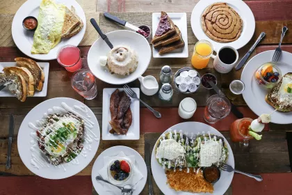 A stacked brunch spread at Hen House Eatery