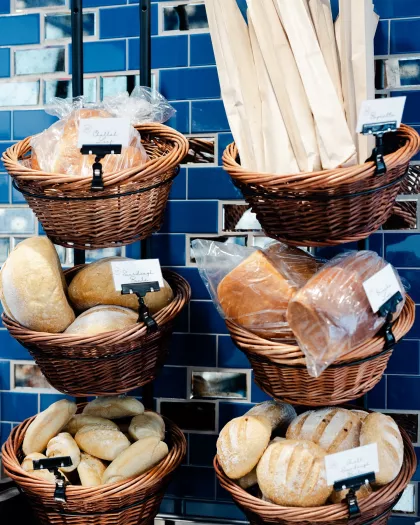 Baskets of bread at Mother Dough Bakery