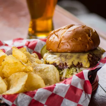 A burger, chips and beer at Bull's Horn