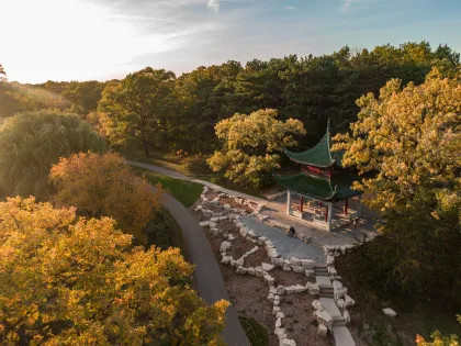 An aerial view of the China Friendship Garden at Phalen Park