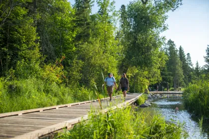 A family hikes along a boardwalk at Itasca State Park