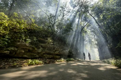 A couple of bikers on the Root River State Trail in Preston