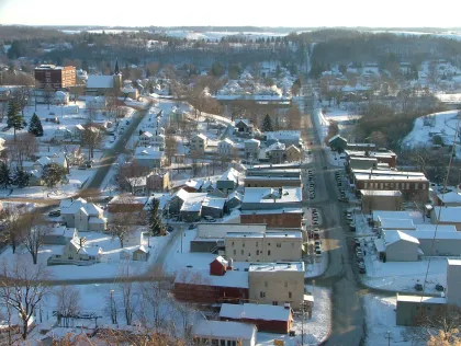 A bird's eye view of Lanesboro during the winter