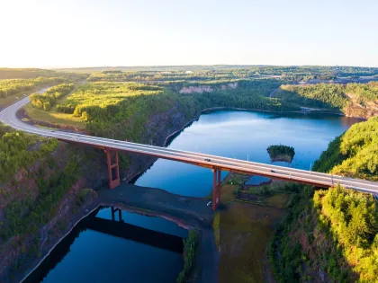 An aerial view of the Thomas Rukavina Memorial Bridge