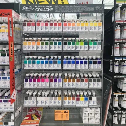 A sale display of opaque watercolors at Art Materials
