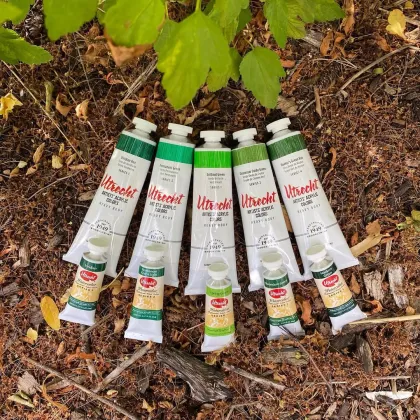 A set of green Utrecht paints on sale at Blick Art Materials