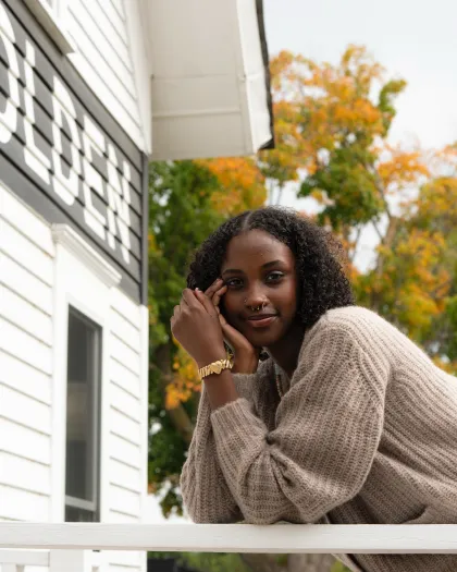 A model wears a fall look from Golden Rule