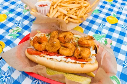 A shrimp po' boy and french fries at Sea Salt Eatery