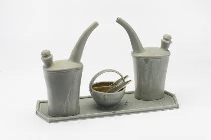 Featured pieces in a pottery exhibition at Weisman Art Museum