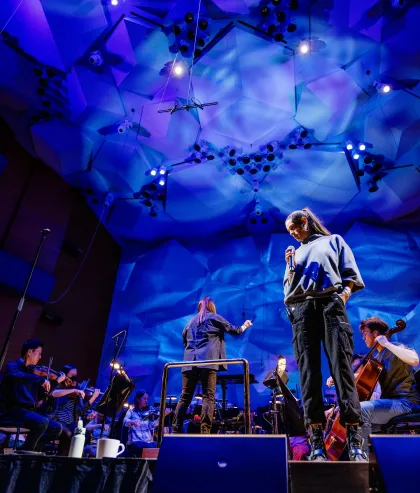 Dessa at a recent live rehearsal with the Minnesota Orchestra