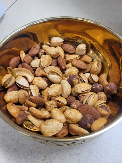 A bowl of BBQ mix nuts at The Golden Nuts