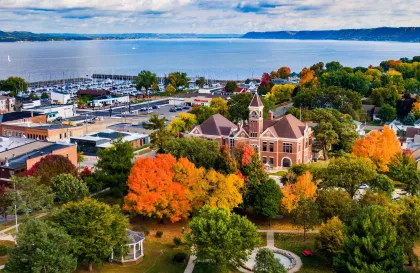 An aerial shot of Patton Park and City Hall in Lake City