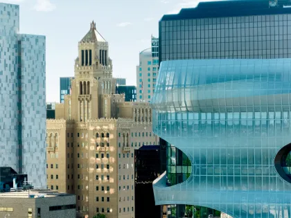 A drone shot of downtown Rochester and the Mayo Clinic