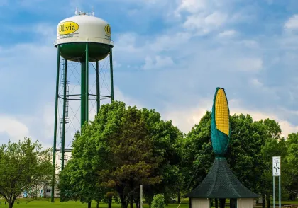 The corn monument and water tower in downtown Olivia