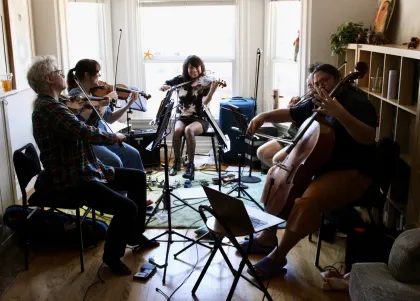 Kronos Quartet rehearse with Laura Ortman for a Carnegie Hall show