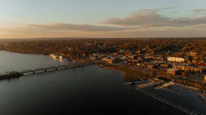 An aerial view of downtown Stillwater and its iconic lift bridge