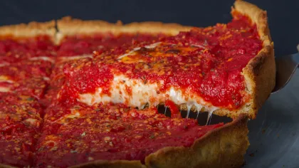 Deep dish pizza at Pizzeria Pezzo