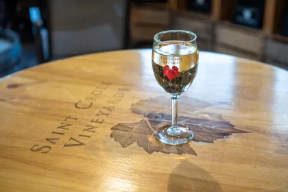A wine glass in the tasting room at Saint Croix Vineyards