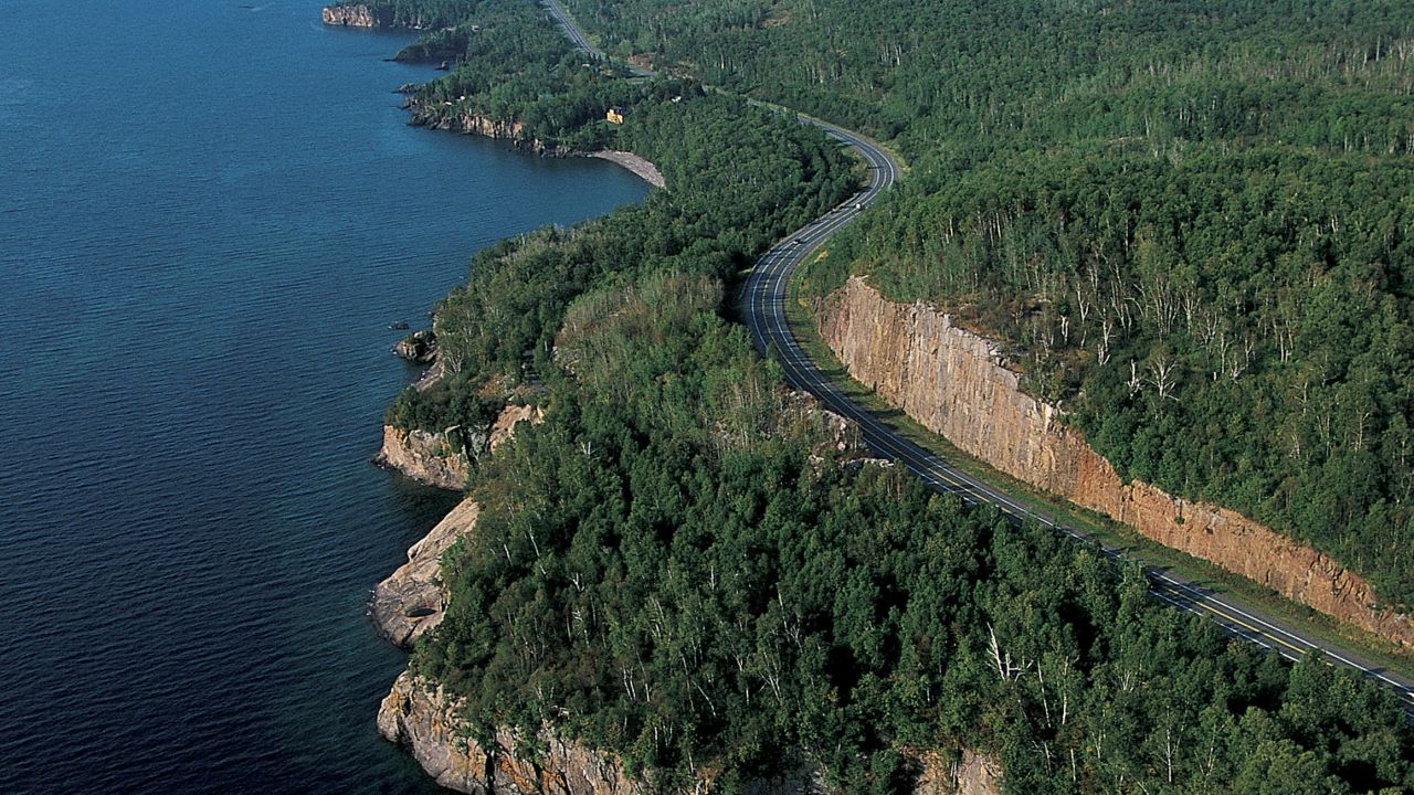 Aerial view of the North Shore Scenic Byway along Lake Superior