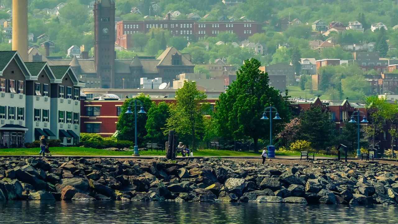 Duluth Lakewalk and downtown from Lake Superior